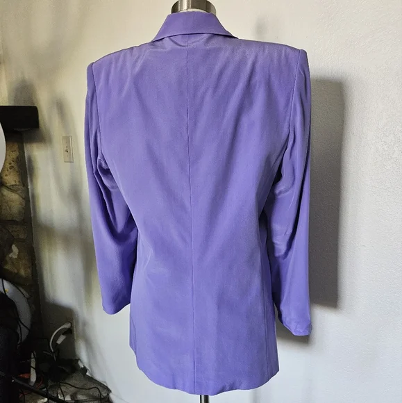 DIANE GILMAN PURPLE 100% SILK ONE BUTTON BLAZER FLORAL LINED - Picture 7 of 9
